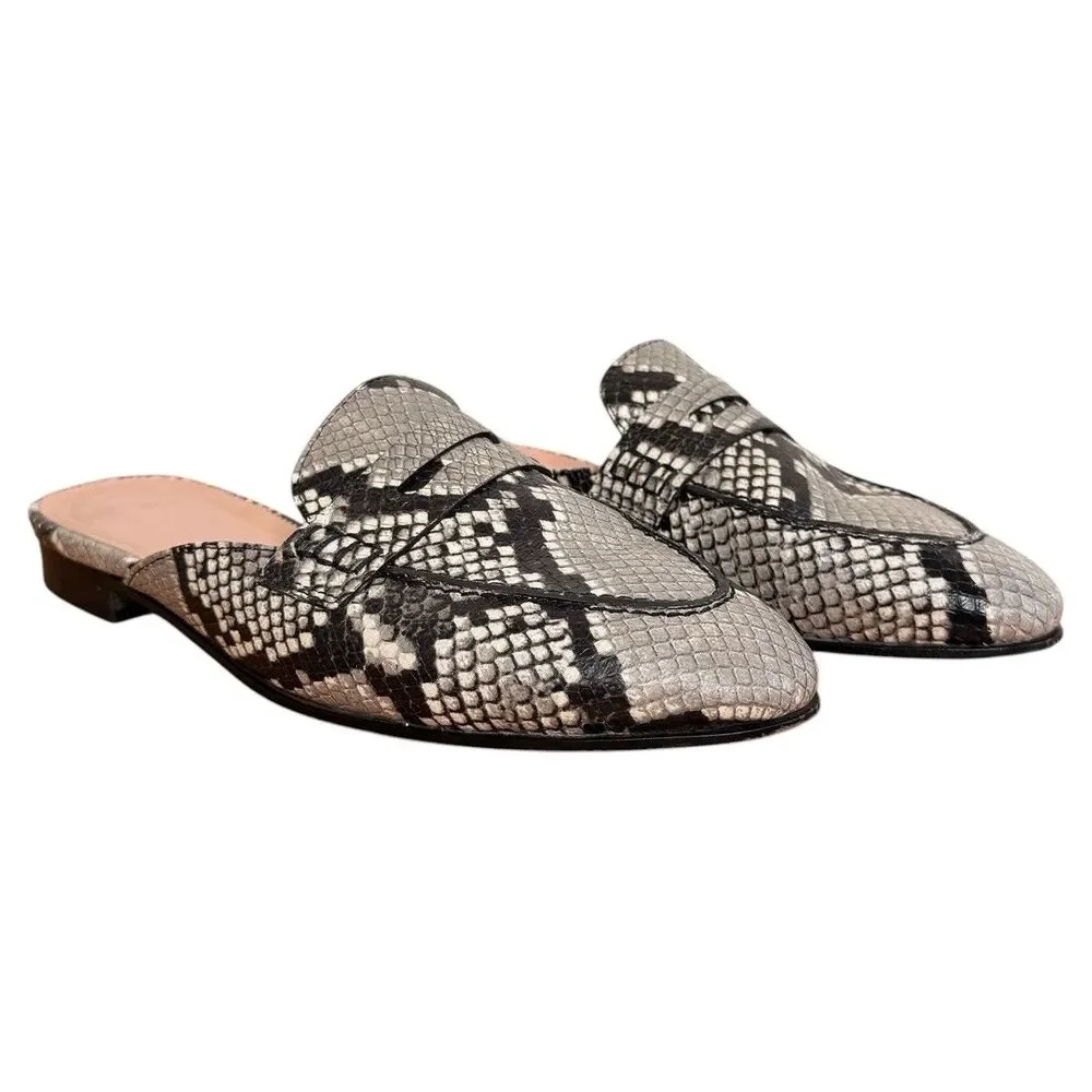 J. Crew Academy Penny Loafer Mules in Snake-Embossed Leather Size 9 Gray Black